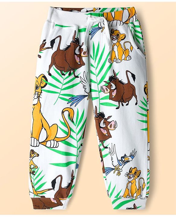 Babyhug Disney Terry Knit Track Pants with The Lion King Graphic Pack of 2 - White & Green