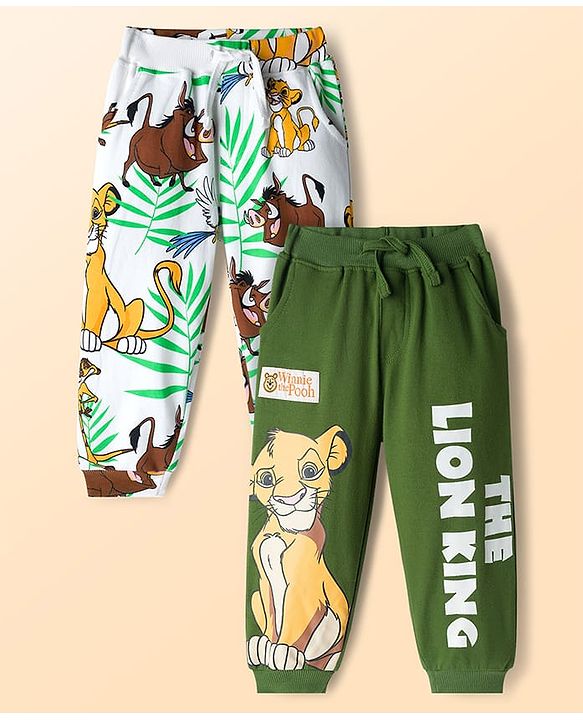 Babyhug Disney Terry Knit Track Pants with The Lion King Graphic Pack of 2 - White & Green