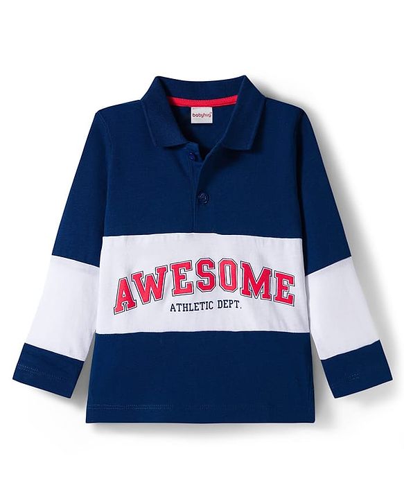 Babyhug 100% Cotton Knit Full Sleeves Cut & Sew Polo Collar T-Shirt with Awesome Text Print - Navy Blue & White