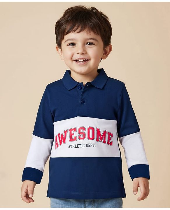 Babyhug 100% Cotton Knit Full Sleeves Cut & Sew Polo Collar T-Shirt with Awesome Text Print - Navy Blue & White