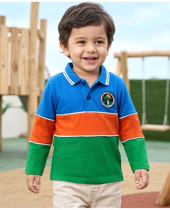 Babyhug 100% Cotton Knit Full Sleeves Cut & Sew Polo T-Shirt with Dino Badge - Green Orange & Blue