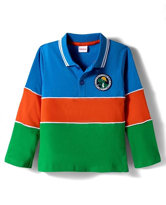 Babyhug 100% Cotton Knit Full Sleeves Cut & Sew Polo T-Shirt with Dino Badge - Green Orange & Blue