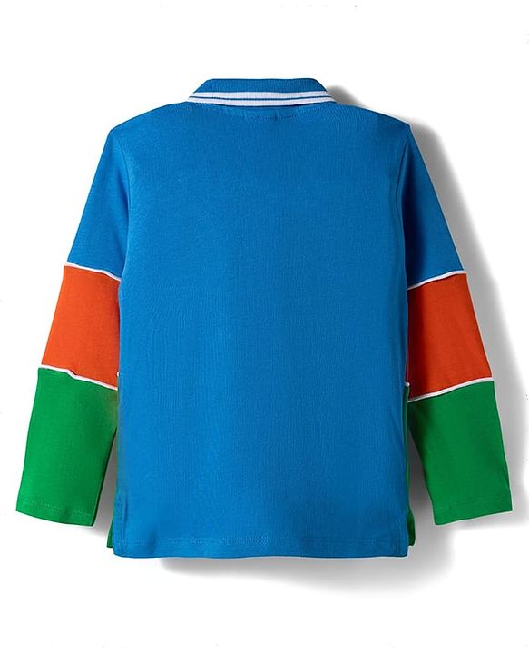 Babyhug 100% Cotton Knit Full Sleeves Cut & Sew Polo T-Shirt with Dino Badge - Green Orange & Blue