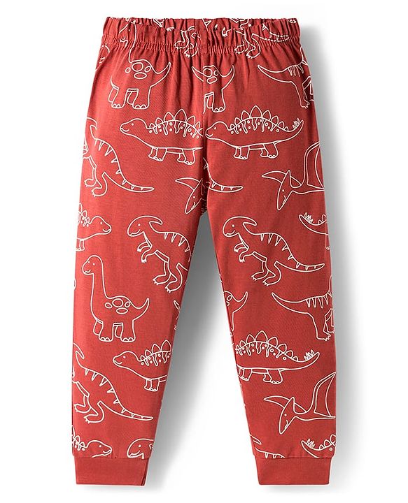 Babyhug Cotton Knit Full Sleeves Co-ords Night Suit With Dino Print - Brown