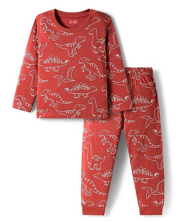 Babyhug Cotton Knit Full Sleeves Co-ords Night Suit With Dino Print - Brown