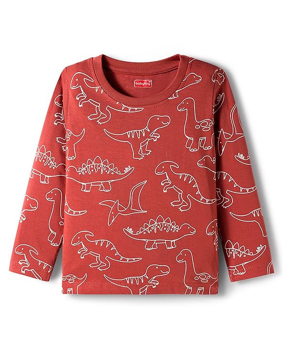 Babyhug Cotton Knit Full Sleeves Co-ords Night Suit With Dino Print - Brown