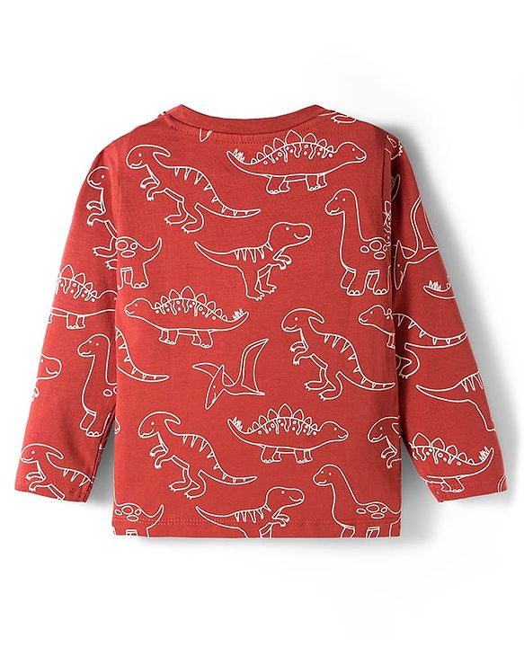 Babyhug Cotton Knit Full Sleeves Co-ords Night Suit With Dino Print - Brown