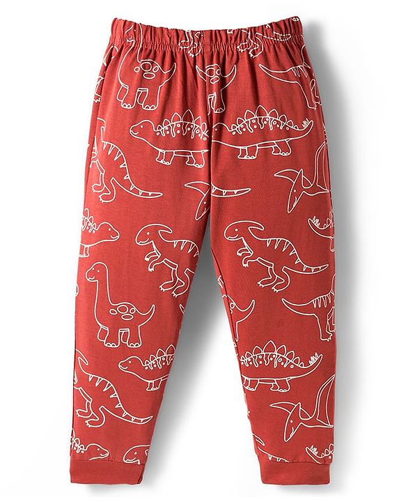 Babyhug Cotton Knit Full Sleeves Co-ords Night Suit With Dino Print - Brown
