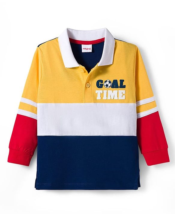 Babyhug 100% Cotton Knit Full Sleeves Cut & Sew Polo T-Shirt with Text Graphic - Multicolor