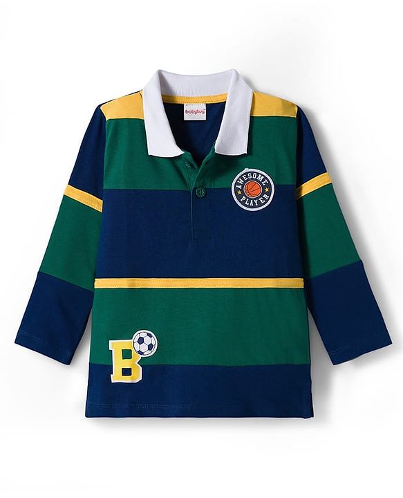 Babyhug 100% Cotton Knit Full Sleeves Cut & Sew Polo Collar T-Shirt with Sport Badge - Navy Blue & Dark Green