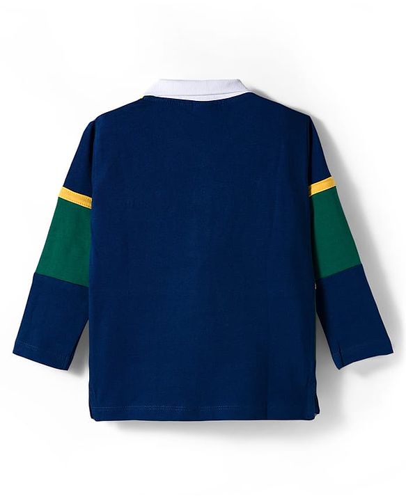 Babyhug 100% Cotton Knit Full Sleeves Cut & Sew Polo Collar T-Shirt with Sport Badge - Navy Blue & Dark Green