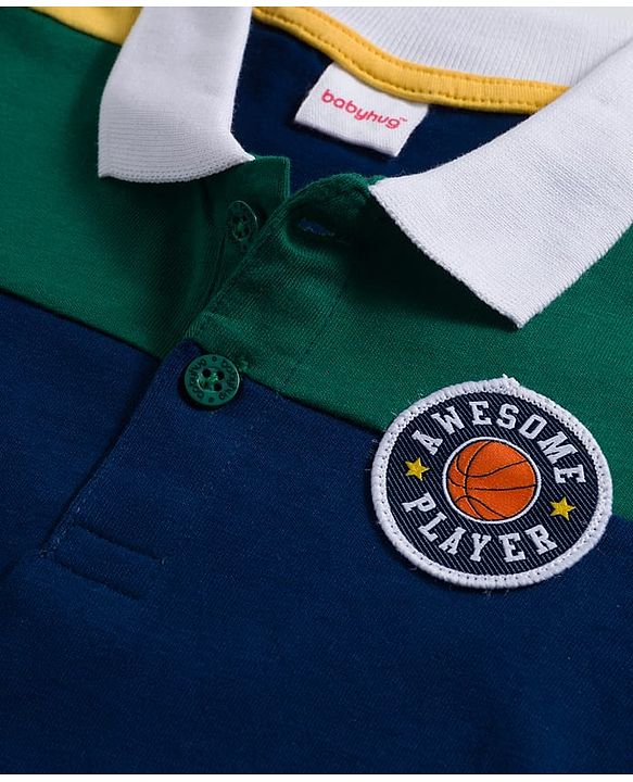 Babyhug 100% Cotton Knit Full Sleeves Cut & Sew Polo Collar T-Shirt with Sport Badge - Navy Blue & Dark Green