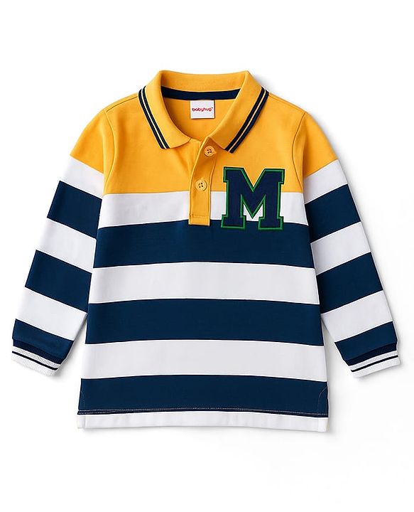 Babyhug 100% Cotton Knit Full Sleeves Polo Collar T-Shirt with Stripes & M Text Patch - Yellow & White