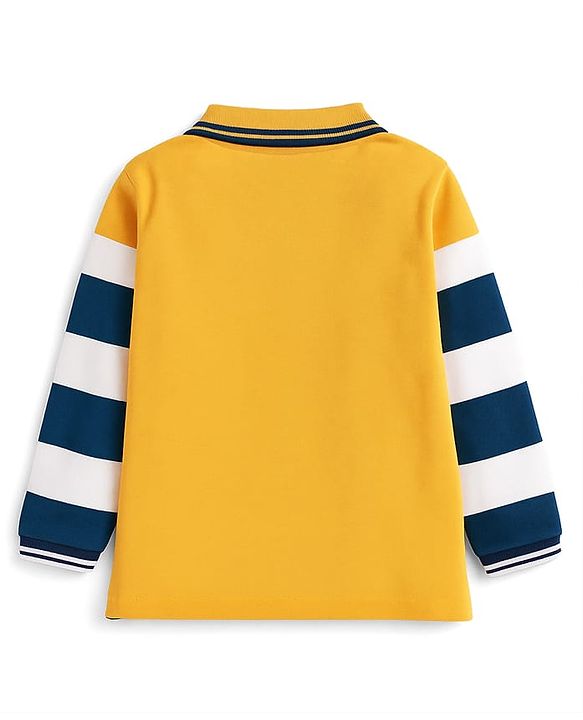 Babyhug 100% Cotton Knit Full Sleeves Polo Collar T-Shirt with Stripes & M Text Patch - Yellow & White