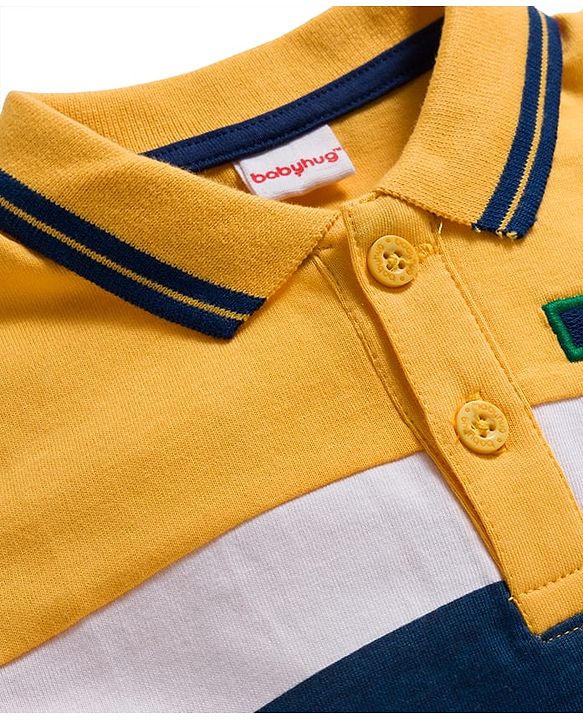 Babyhug 100% Cotton Knit Full Sleeves Polo Collar T-Shirt with Stripes & M Text Patch - Yellow & White