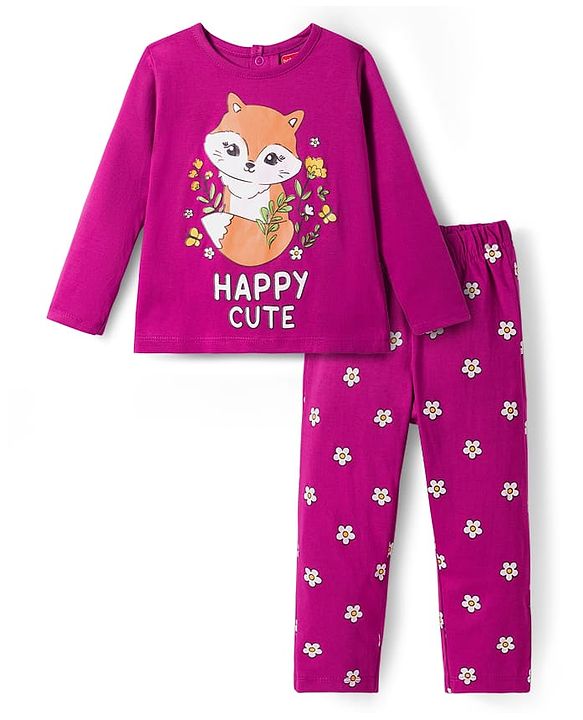 Babyhug Cotton Knit Full Sleeves Night Suit With Animal & Floral Print - Purple