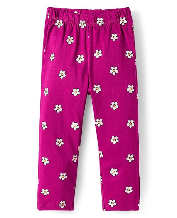 Babyhug Cotton Knit Full Sleeves Night Suit With Animal & Floral Print - Purple