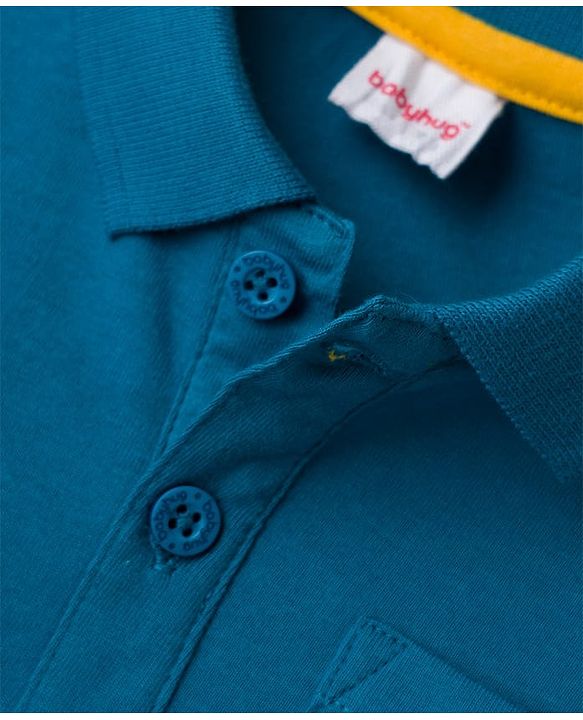 Babyhug 100% Cotton Knit Full Sleeves Color Block Polo T-Shirt with Dino Print at Pocket - Yellow Teal Blue & White