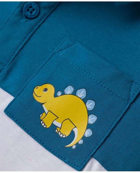 Babyhug 100% Cotton Knit Full Sleeves Color Block Polo T-Shirt with Dino Print at Pocket - Yellow Teal Blue & White