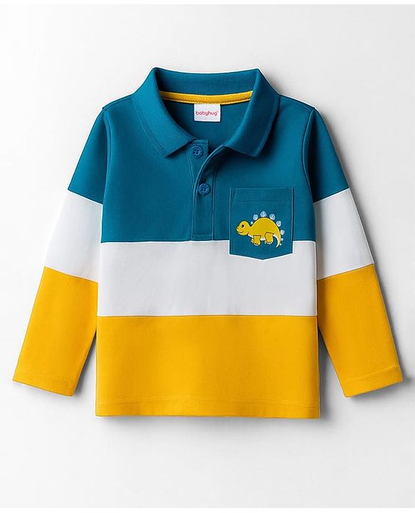 Babyhug 100% Cotton Knit Full Sleeves Color Block Polo T-Shirt with Dino Print at Pocket - Yellow Teal Blue & White