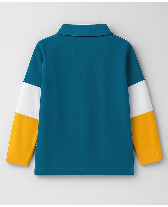Babyhug 100% Cotton Knit Full Sleeves Color Block Polo T-Shirt with Dino Print at Pocket - Yellow Teal Blue & White