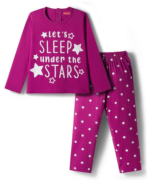 Babyhug Cotton Knit Full Sleeves Night Suit With Text Print - Pink