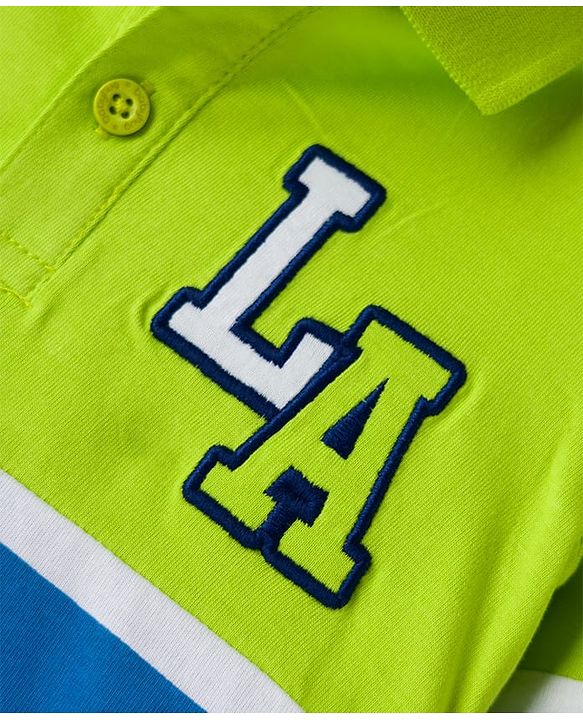 Babyhug 100% Cotton Knit Full Sleeves Polo T-Shirt with LA Text Print - Neon Green