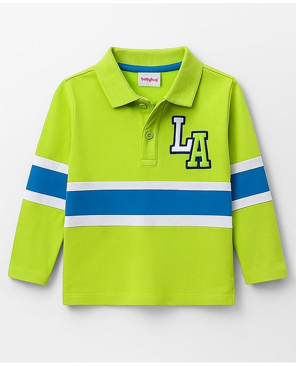 Babyhug 100% Cotton Knit Full Sleeves Polo T-Shirt with LA Text Print - Neon Green