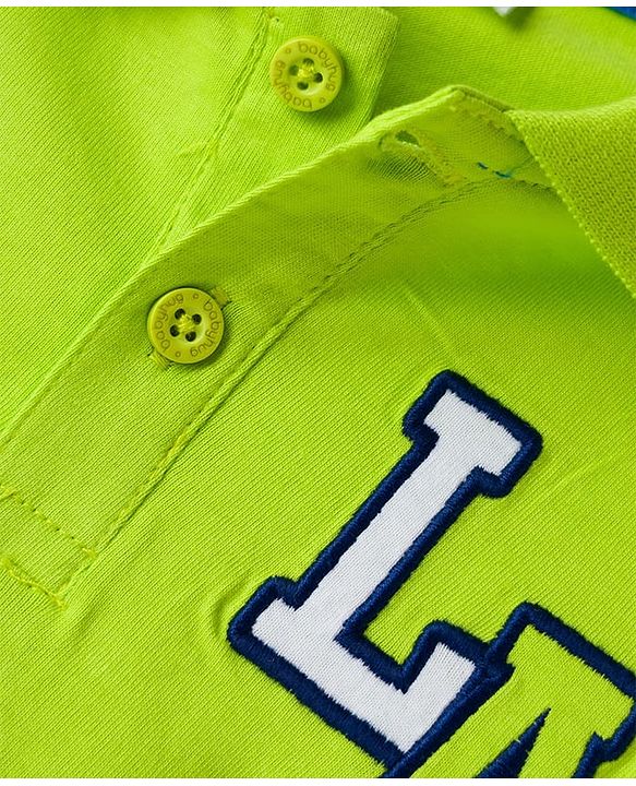 Babyhug 100% Cotton Knit Full Sleeves Polo T-Shirt with LA Text Print - Neon Green