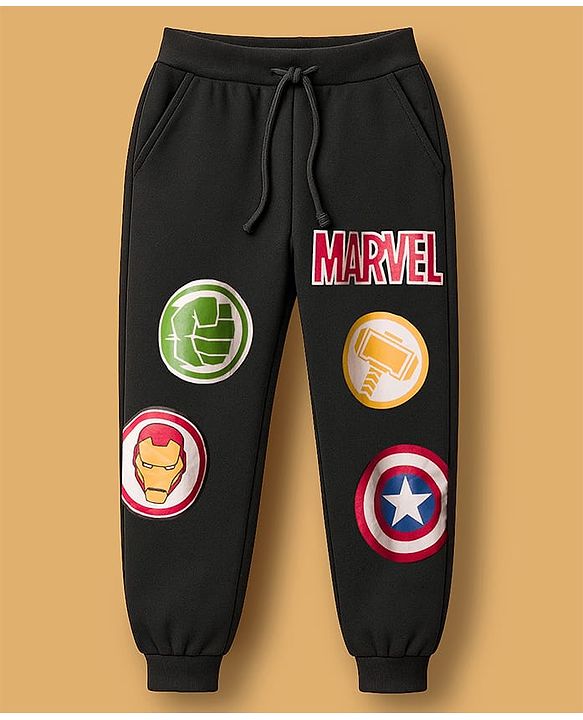 Pine Kids Marvel Terry Knit Full Sleeves Oversize Drop Shoulder Sweatshirt & Joggers Set with Avenger Graphics - White & Black