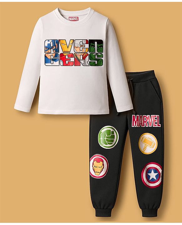 Pine Kids Marvel Terry Knit Full Sleeves Oversize Drop Shoulder Sweatshirt & Joggers Set with Avenger Graphics - White & Black