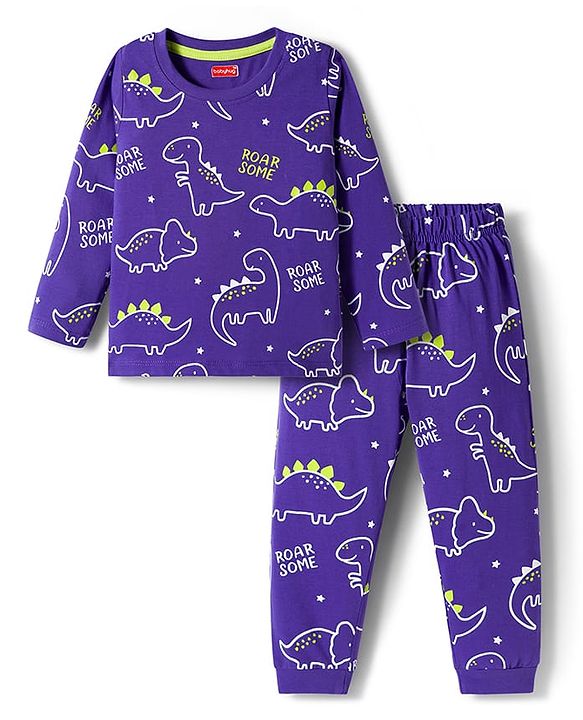 Babyhug Cotton Knit Full Sleeves Night Suit with Dino Print - Violet