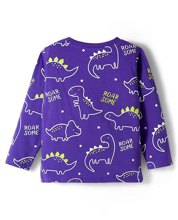 Babyhug Cotton Knit Full Sleeves Night Suit with Dino Print - Violet