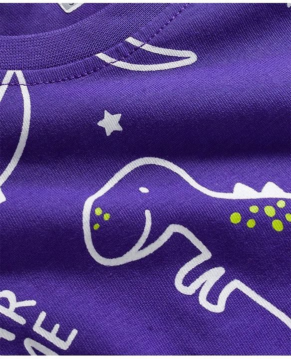 Babyhug Cotton Knit Full Sleeves Night Suit with Dino Print - Violet