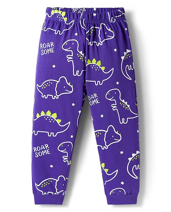 Babyhug Cotton Knit Full Sleeves Night Suit with Dino Print - Violet