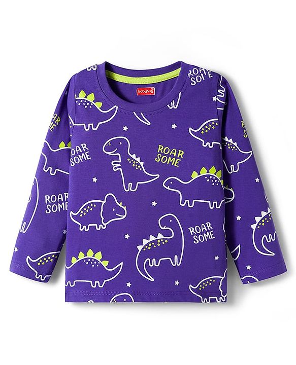 Babyhug Cotton Knit Full Sleeves Night Suit with Dino Print - Violet