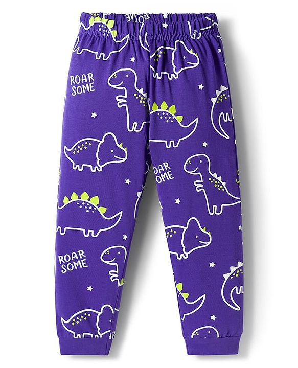 Babyhug Cotton Knit Full Sleeves Night Suit with Dino Print - Violet