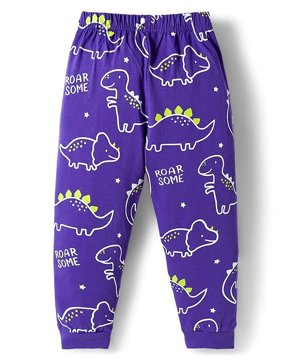 Babyhug Cotton Knit Full Sleeves Night Suit with Dino Print - Violet