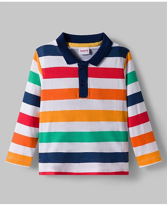 Babyhug 100% Cotton Knit Full Sleeves Polo Collar T-Shirt with Stripes - White & Multicolor