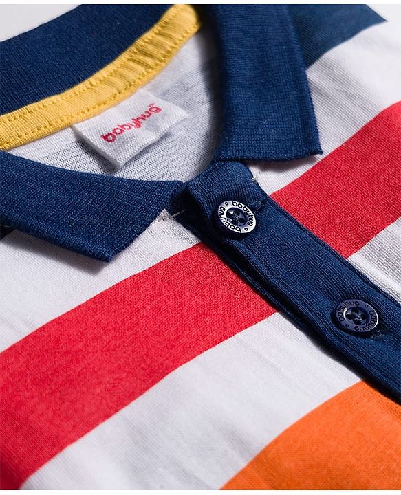 Babyhug 100% Cotton Knit Full Sleeves Polo Collar T-Shirt with Stripes - White & Multicolor