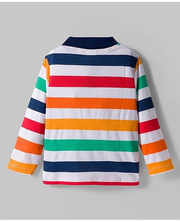 Babyhug 100% Cotton Knit Full Sleeves Polo Collar T-Shirt with Stripes - White & Multicolor
