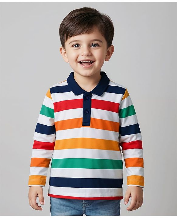 Babyhug 100% Cotton Knit Full Sleeves Polo Collar T-Shirt with Stripes - White & Multicolor
