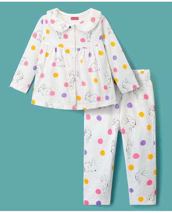 Babyhug Cotton Knit Full Sleeves Co-ords Night Suit With Animal Print - White