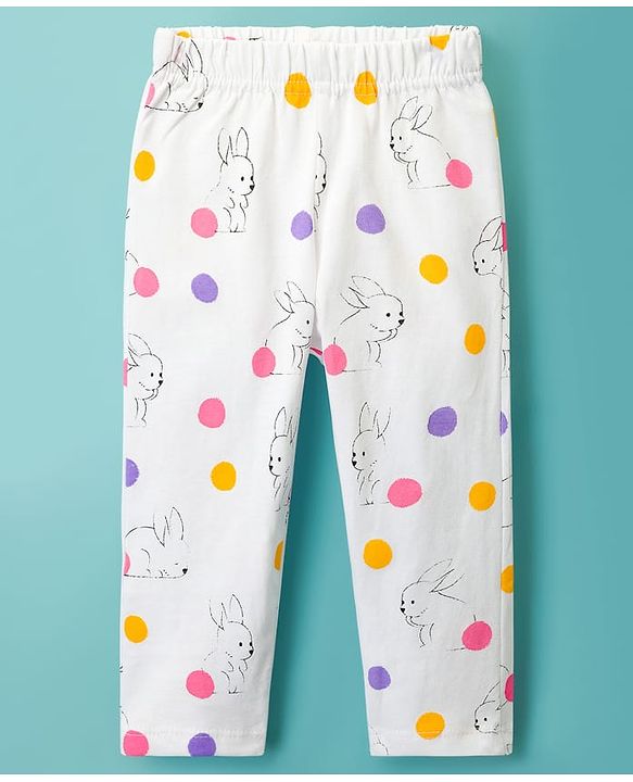 Babyhug Cotton Knit Full Sleeves Co-ords Night Suit With Animal Print - White