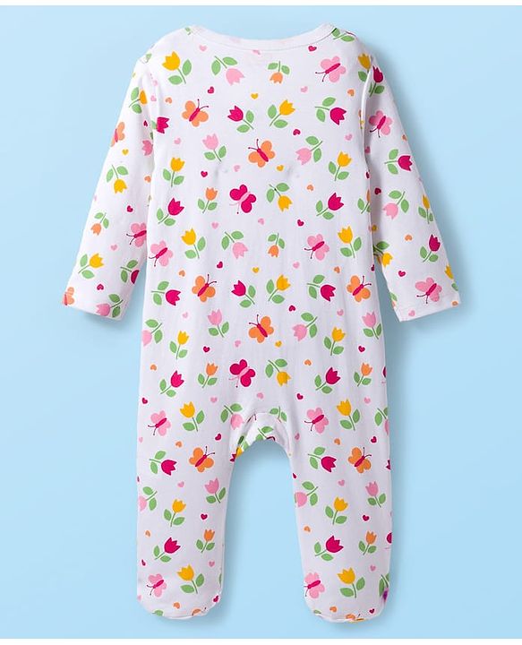 Babyhug Cotton Knit Full Sleeves Footed Sleepsuit With Floral Print - White