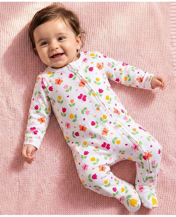 Babyhug Cotton Knit Full Sleeves Footed Sleepsuit With Floral Print - White