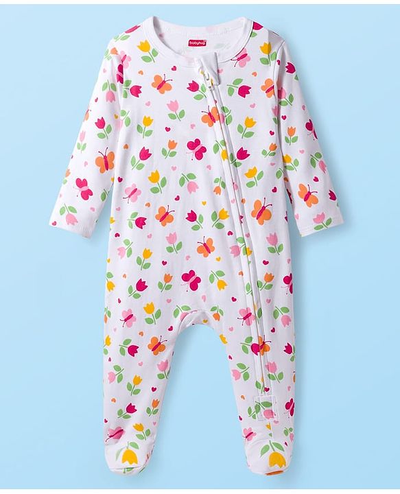 Babyhug Cotton Knit Full Sleeves Footed Sleepsuit With Floral Print - White