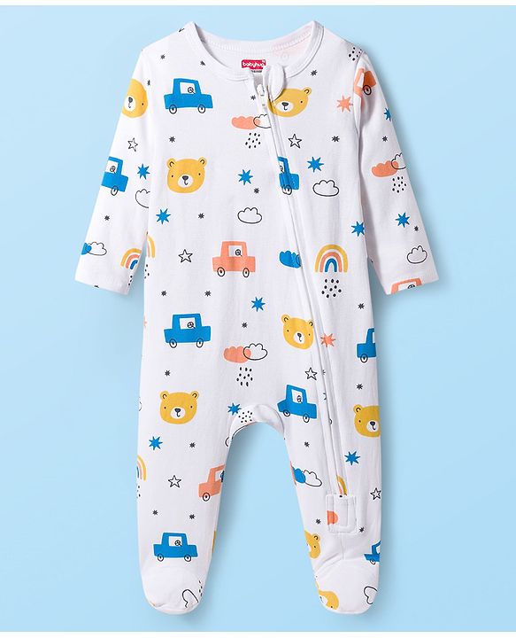 Babyhug Cotton Knit Full Sleeves Footed Sleepsuit With Vehicle Print - White