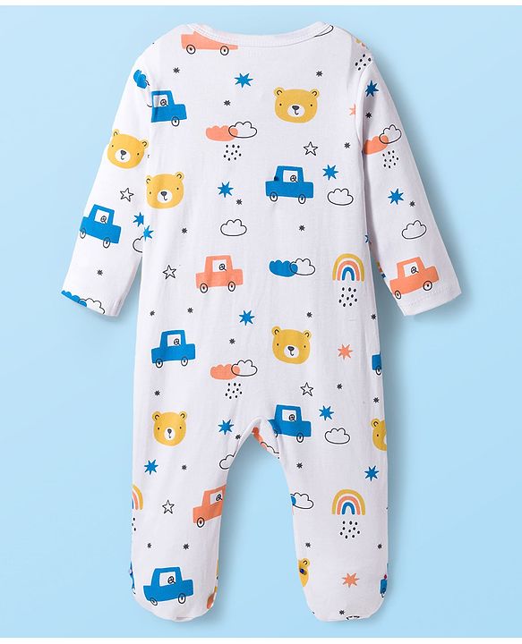 Babyhug Cotton Knit Full Sleeves Footed Sleepsuit With Vehicle Print - White