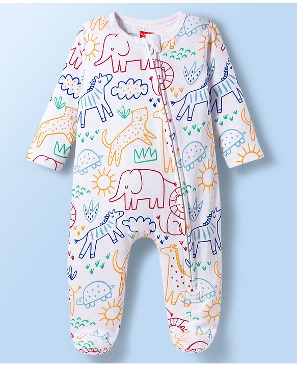 Babyhug Cotton Knit Full Sleeves Footed Sleepsuit With Animal Print - White